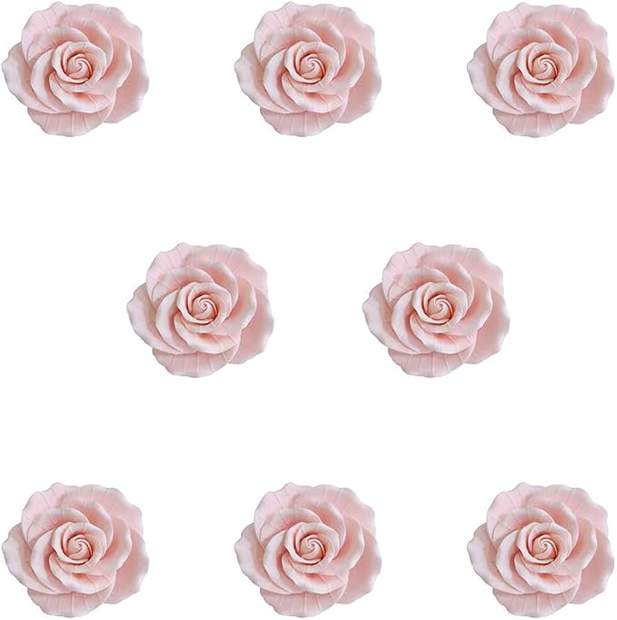 O'Creme Pink Garden Roses Gumpaste Flower Set - 2" Edible Flowers for Cake Decorating - Sugar Paste Flower Decorations for Cakes, Cupcake Toppers - Birthday, Wedding, Valentine's Day - Set of 8