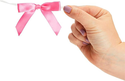 Juvale Pink Twist Tie Gift Bows - Pre-Tied Mini Bows for Crafts & Ribbon Twist Ties for Treat Bags - 100 Count, 3 x 2.5 in, Satin