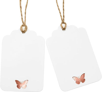 ASYEHJNR 100Pcs Blank Gift Tags with String, Foil Rose Gold Butterfly Large Gift Tags with 65 Ft Jute Twine Cute Tags White Paper Gift Tag for Birthday Baby Shower Wedding Spring Summer Gift Wrap Tag
