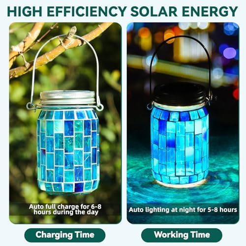 VOREEN Solar Powered Mosaic Mason Jar Lights, Colorful Stained Glass Lanterns for Outdoor Garden Decor, 2 Pack (Orange and Blue)