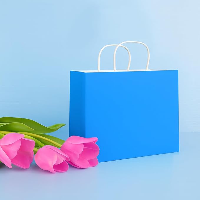 SUNCOLOR Blue Gift Bags with Handles, 13x10x5.5 Inch Large Party Favor Shopping Bags for Birthday Retail, 25 Pack
