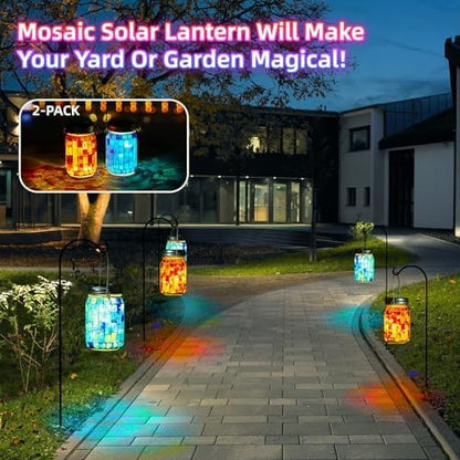 VOREEN Solar Powered Mosaic Mason Jar Lights, Colorful Stained Glass Lanterns for Outdoor Garden Decor, 2 Pack (Orange and Blue)
