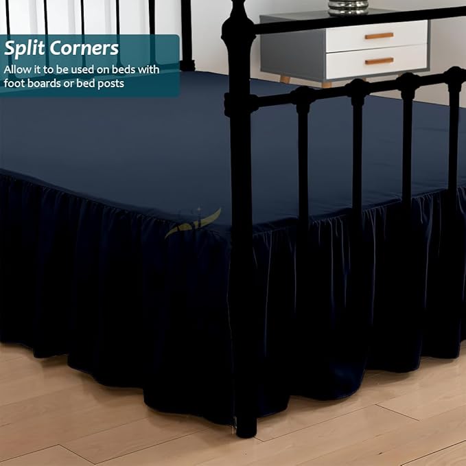 Shreem Linen Ruffled Bed Skirt with Split Corners, Gathered Style, 100% Microfiber, 16-Inch Drop, Dust Ruffle Bedskirt with Platform, Full-XXL, Navy Blue
