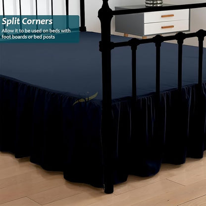 Shreem Linen Ruffled Bed Skirt with Split Corners, Gathered Style, 100% Microfiber, 16-Inch Drop, Dust Ruffle Bedskirt with Platform, Full-XXL, Navy Blue