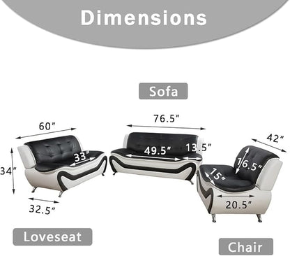 2PCS Living Room Furniture Sets, Faux Leather Sofa Couches, Living Room Black&White Sofa Set, Loveseat and Chair for Bedroom, Apartment