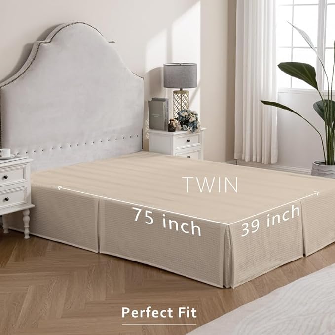 MIYE Pleated Waffle Weave Bed Skirt, Tailored Dust Ruffle 14 Inch Drop Easy Fit, Machine Washable,No Split Corners (Beige, Twin - 14" Drop)