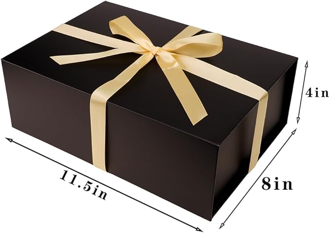 UoeRing 1 Pcs Black Gift Box,11.5x8x4 Magnetic Gift Box for Presents with Lids Rectangle Collapsible for Bridesmaid Proposal Box,Wedding,Christmas,Birthday Gift Packging with Ribbon Card Envelope