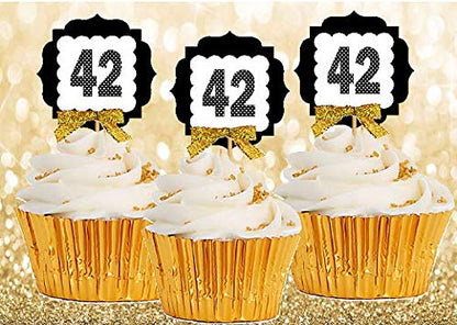 42nd Birthday Anniversary Gold Ribbon Novelty Cupcake Appetizer Decoration Toppers / Picks -12ct