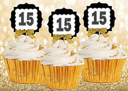 15th Birthday Anniversary Gold Ribbon Novelty Cupcake Appetizer Decoration Toppers / Picks -12ct