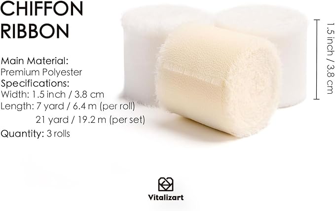 Vitalizart White Handmade Chiffon Silk Ribbon Fringe 1.5" x 21 Yd Frayed Edges Ribbons for Wedding Invitations Bridal Bouquets Gifts Wrapping Crafts Holiday Party Decorations