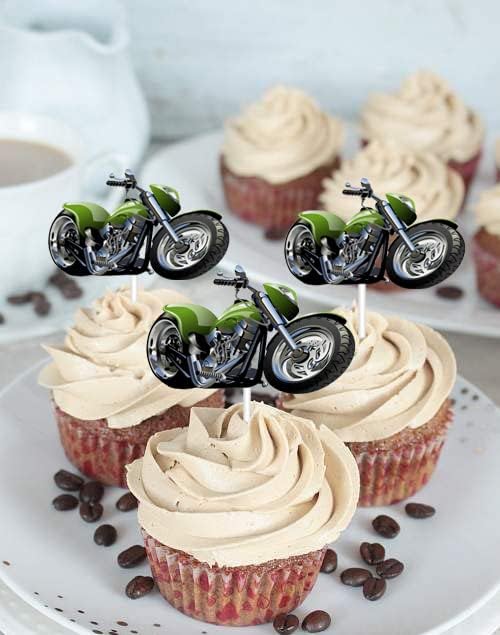 Motorcycle Cupcake Topper,Dessert Cupcake Topper Motorcycle Rider Racing Sport Theme Decor Supplies Boy Man Happy Birthday Party Decorations 18pcs (Green)