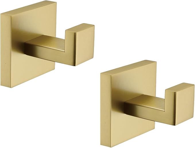 TASTOS Bath Towel Hooks Brushed Gold, 2 Pack Stainless Steel Robe Coat and Clothes Hook, Heavy Duty Wall Hook for Bathroom & Kitchen, Modern Square Style Wall Mounted…