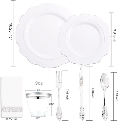 NOCCUR 175pcs Silver Plastic Plates - Silver Rim Plastic Tableware Include 25 Dinner/Dessert Plates, 25 Forks, 25 Knives, 25 Spoons for Wedding/Party/Christmas