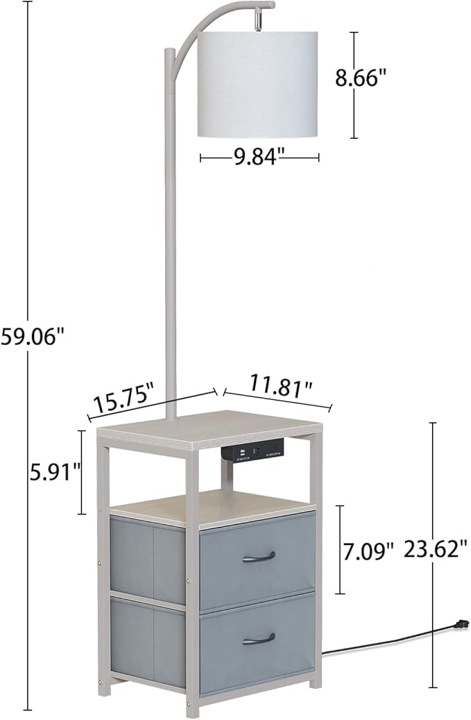 SUNMORY Floor Lamp with Table & 2 Drawers, Lamp with USB Port and Outlet, Lamps for Nightstand with 3 Color Temperature Led Bulb Included, Floor Lamps for Living Room, Bedroom and Home Office, Grey