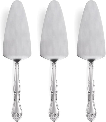 Deeny Jarte 9.3-Inch Silver Cake Server Set - 3-Piece Stainless Steel Dessert Serving Utensils with Stylish Rose Handle – for Weddings, Parties, Birthday Celebrations & Gatherings