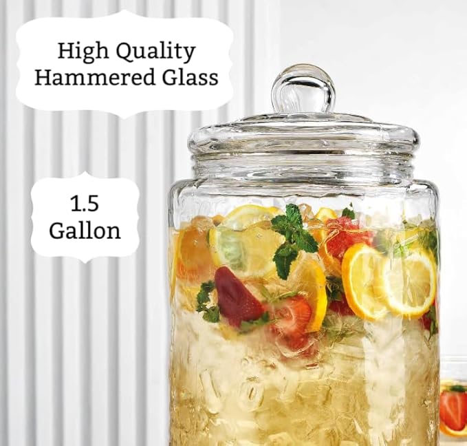 2 PACK 1.5 Gallon Drink dispenser, Classic Hammered Glass Beverage Dispenser With Elegant Stand, Drink Dispensers for Parties With Spigot 100% Leakproof. Perfect For Parties And Daily Use