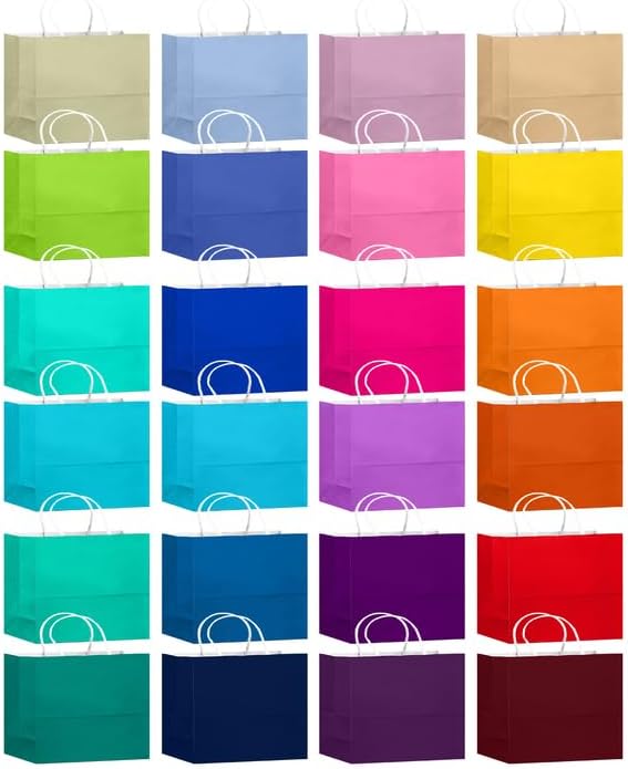 qiqee 24 Colors Large Gift Bag with Handles Bulk 24PCS Paper Party Bags 13"x4.5"x10" Multiple Uses (32x11x25cm,Wide Large)