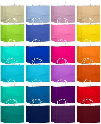 qiqee 24 Colors Large Gift Bag with Handles Bulk 24PCS Paper Party Bags 13"x4.5"x10" Multiple Uses (32x11x25cm,Wide Large)