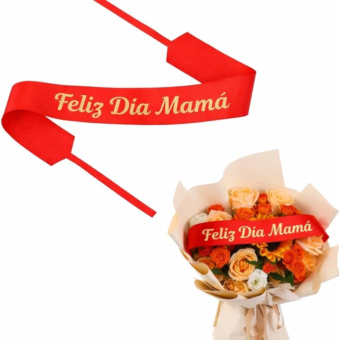 Set of 12 Bouquet Banner Grosgrain Ribbon Tie Wrap Printed Sash Florist Bulk Supply for Floral Arrangements (RED - Feliz Dia Mama)