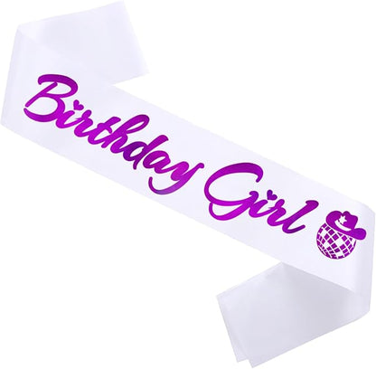 Birthday Girl Sash, Disco Cow Birthday Sash for Cowgirl Funny Birthday Gift Ideas Suppiles, White+ Purple Foil