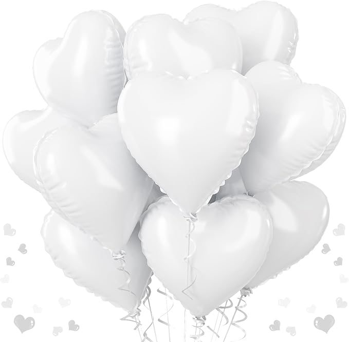 White Heart Foil Balloons, 18 Inch, 12Pcs Large Helium Balloons for Wedding, Birthday, Baby Shower, Bridal, Valentine, Graduation Party Decorations