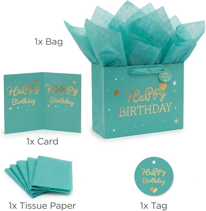 DOUBLESHOOT Green Happy Birthday Gift Bag with Tissue Paper and Card, Medium Gift Bag 13 x 10.2 x 4.9 in, Gold Foil Heart Birthday Gift Bag Set with Handles, 4-Piece Gift Wrap Bag for Women and Girls