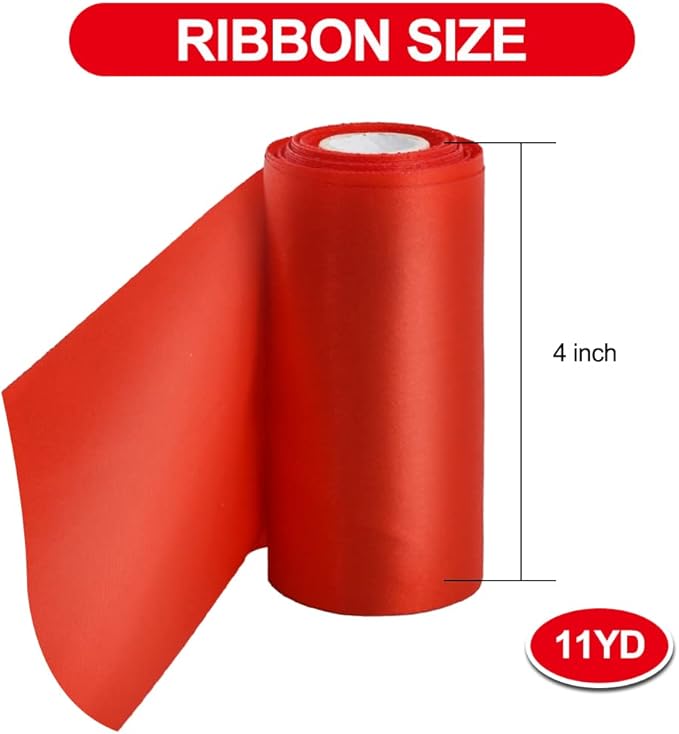 TONIFUL 4 Inch x 11 Yards Wide Red Satin Ribbon Solid Fabric Large Ribbon for Cutting Ceremony Kit Grand Opening Chair Sash Table Hair Car Bows Sewing Craft Gift Wrapping Wedding Party Decoration