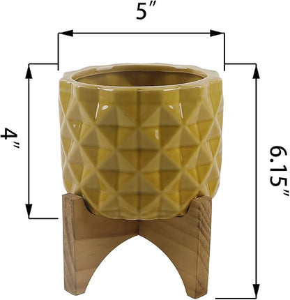 Flora Bunda 5" GL Mustard Ceramic DIMPLE on Wood Stand