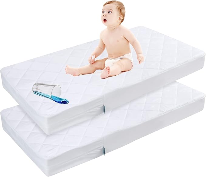 Zippered Crib Mattress Protector - Waterproof Crib Mattress Encasement, Breathable and Absorbent, 6 Sides Fully Encased Cover, 2 Pack, Microfiber