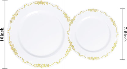 U-QE 100PCS Gold Plastic Disposable Plates - Heavy Duty White and Gold Plates Including 50PCS 10'' Dinner & 50PCS 7.5'' Dessert Plates Perfect for Upscale Party, Wedding