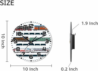 Train Wall Clock 10 inch Round Running on The Track Silent Non Ticking Wood Wall Clocks Battery Operated Easy to Read Decorative Wall Clock for Bedroom Kitchen Living Room Bathroom