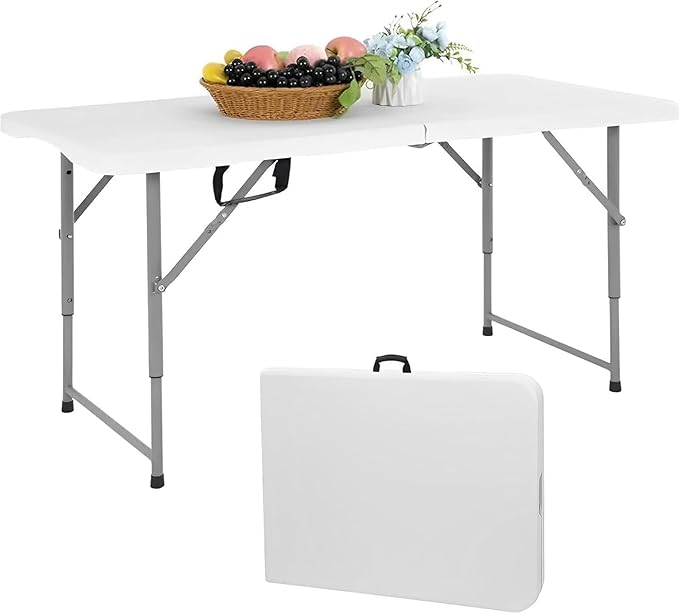 4 Foot Folding Table Adjustable Height 22-30 Inch, Heavy Duty Fold in Half Plastic Table with Steel Legs, Portable Indoor Outdoor Table for Picnic, Camping, Dining, Party