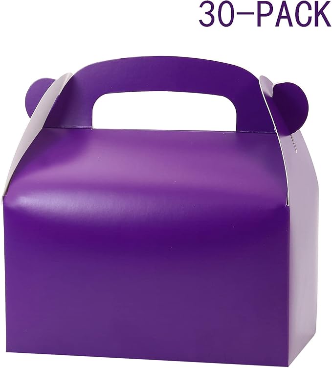 30-Pack Dark Purple Party Favor Treat Boxes, Goodie Boxes, Gable Paper Gift Boxes with Handles. Perfect for Purple Birthday Party Baby Shower Decoration Supplies