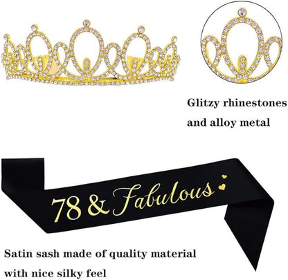 Mayin Happy 78th Birthday Tiara and Sash Gifts Crystal Rhinestone Princess Crown Birthday Women Party Favor Supplies Gold Crowns Black Sash