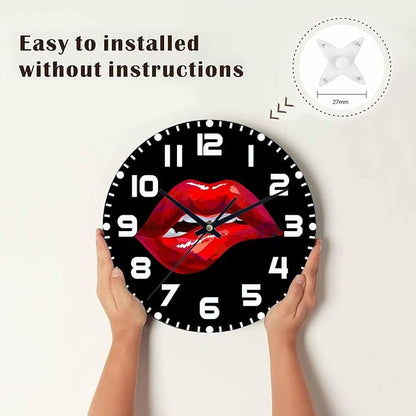 Red Lips Wall Clock Sexy Biting Lips on Black Background Battery Powered Wall Clock Silent Non Ticking 10 Inch for Living Room, Kitchen, Home,Bathroom, Bedroom