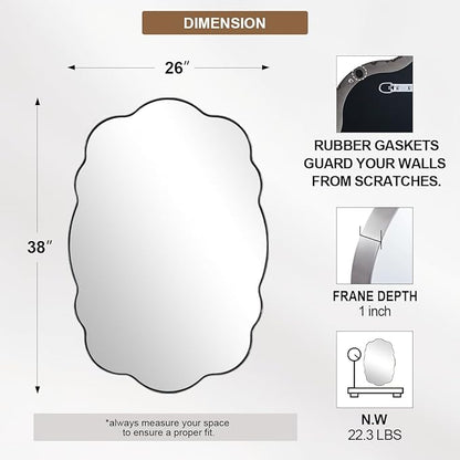 ANDY STAR Brushed Nickel Wavy Oval Bathroom Mirror, 26x38 Inch Silver Scalloped Wall Mirror, Unique Irregular Wall Mirror with Sophisticated Curved Design