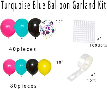 Rose Red Teal Blue Black Yellow Balloon Garland Kit - 122PCS Teal Blue Balloons Black Hot Pink Black Yellow Balloons for Neon 70S 80S Music Birthday Retirement Engagement Graduation Party Decor