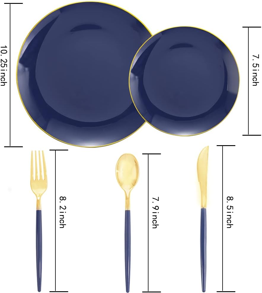 Liacere 150PCS Blue Plastic Plates - Gold Plastic Silverware with Blue Handle - Navy Disposable Plates Include 30 Guests Plates,Forks,Spoons,Knives for Wedding & Party & Halloween