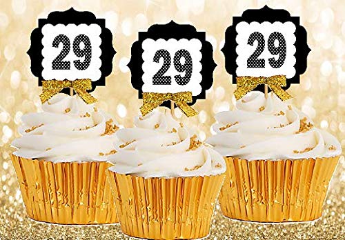 29th Birthday Anniversary Gold Ribbon Novelty Cupcake Appetizer Decoration Toppers / Picks -12ct