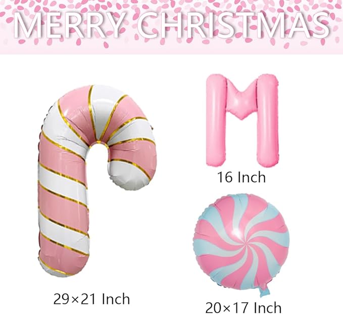 Christmas Balloons Pink Candy Cane Balloon Lollipop Pink Merry Christmas Balloon Candy Balloons for Xmax Party Decorations Xmas New Year Themed Party Supplies Sets-19 Pcs