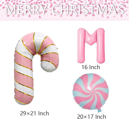 Christmas Balloons Pink Candy Cane Balloon Lollipop Pink Merry Christmas Balloon Candy Balloons for Xmax Party Decorations Xmas New Year Themed Party Supplies Sets-19 Pcs