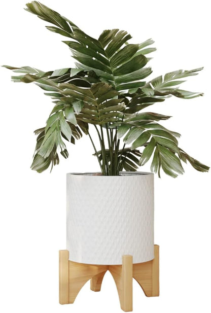 EverNest Claire Boho Modern White Planter with Arch Wood Stand, Indoor Mid-Century Plant Pot, SelectBase, Minimalist Planter Stand Home Décor (Medium, 2 Gallon)