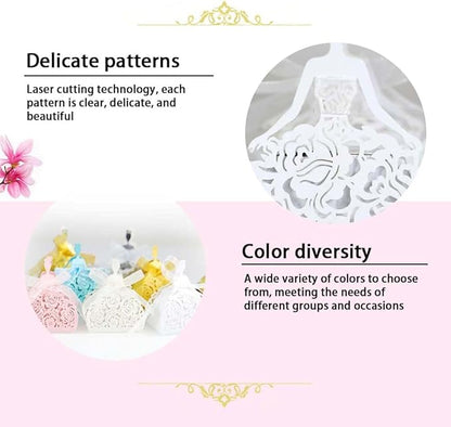 Steedna 50 Pack Bride Pattern Chocolate Gift Box Sector Pearl Paper Hollow Out Small Gift Box Wedding Dress Laser Cut with Ribbons Candy Boxes Party Favors Chocolate Box (White)