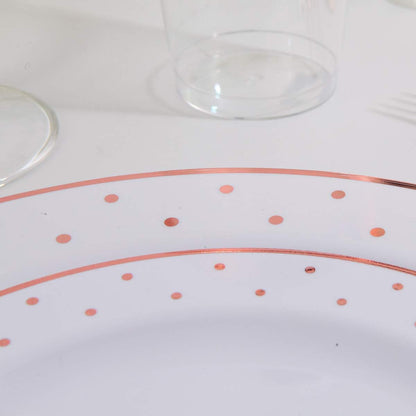 WELLIFE 350 PCS Rose Gold Plastic Plates, Disposable Rose Gold Plates, Includes: 50 Dinner Plate, 50 Dessert Plate, 50 Forks, 50 Knives, 50 Spoons, 50 Cups, 50 Dot Napkins for Weddings and Party