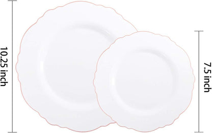 WDF 100pcs Rose Gold Plastic Plates-Baroque White &Rose Gold Disposable Plates including 50Plastic Dinner Plates 10.25inch,50Salad Plates 7.5inch for Wedding & Parties
