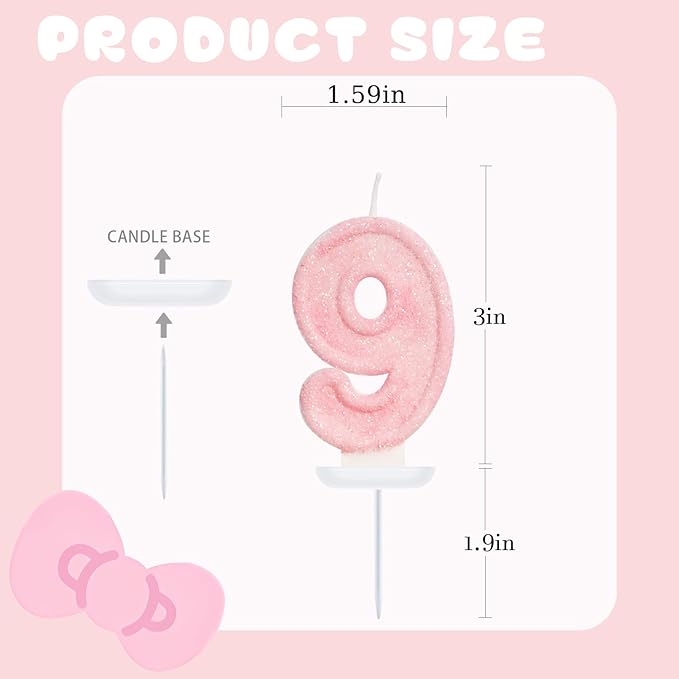 Pink Birthday Candles - Number 9 Candle for 9th Birthday Decorations for Girls, Pink Cake Decorations Sweet Birthday Decorations Girl
