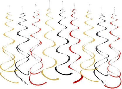 MOWO Gold Black and Red Foil Swirl Hanging Decoration Streamer for Birthday Graduation Retirement New Year Valentine's Day Theme Party, Pack of 21