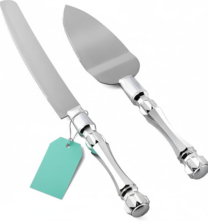 Cake Knife and Server Set, Cake Cutter and Pie Spatula, Cake Server and Knife Set with Acrylic Crystal Handles, Cake Cutting Set for Wedding Cake – 1.2mm Thick Blades, Birthdays, and Parties (Silver)