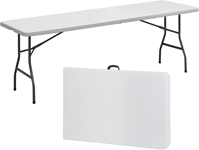 SIMPLI-MAGIC 8ft Portable Plastic Folding Table – Indoor & Outdoor Heavy-Duty Foldable Utility Table w/Handle for Party & Camping (White)