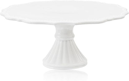10 Inch Cake Stand, Relief Round Dessert Cake Stand for 8 Inch Cake, Ceramic Cupcake Stand for Birthday, Wedding, Baby Shower, Tea Party and Other Celebrations(White)